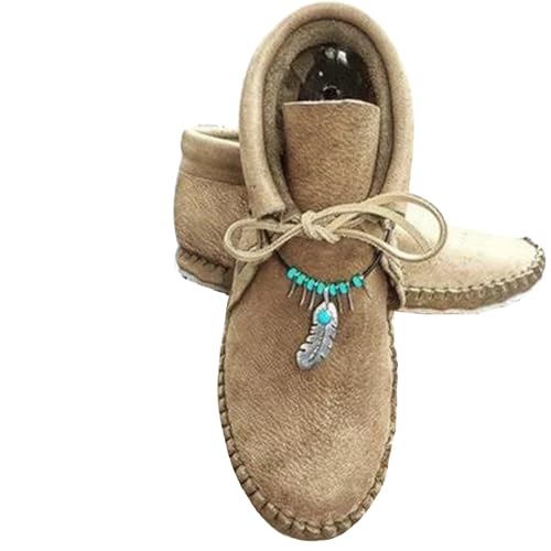 Damen Stiefeletten Schlupfstiefel, Vintage Schnürschuhe Elegant Hoch Walkingschuhe Boho Rutschfest Flache Schuhe Bequem Leicht Wanderschuhe Einfarbig Traillaufschuhe Urlaub Outdoor Schuhe