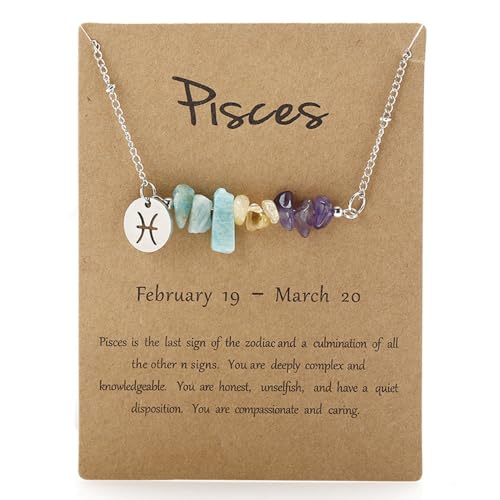 ChungLong0593 Zodiac Natural Stone Horoscope Charms Necklace 12 Constellation Astrology Healing Gemstone Crystal Card Necklace for Women Birthday Anniversary Friendship Exquisite Jewelry Gift Promise Jewelry Gift Card-Pisces
