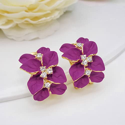 Navachi 18K Gold Plated White Crystal Rose Red Enamel Leaves Flower Az1438 Omega Back Earrings #TOP2