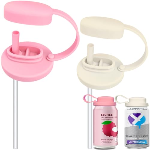 2 Pcs Silicone Soda Can Lids with Straw, Pop Can Lids with Handle, Reusable Can Covers for Standard Size Beverage, Juice, Coke, Soda, Beer & Seltzer, Prevents Dust, BPA-Free(cream+pink)