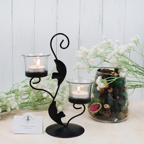 Image of Hosley Clear Glass Tealight Candle Holders|Black Tealight Candle Holders with Glass Holders Perfect for Home Decor, Birthday, Wedding, Parties,Tabletop,Centerpiece| 2-Cup Centrepiece, with Pack of 2 Tealights