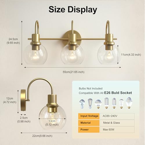 Image of Bathroom Light Fixtures,Gold Vanity Light 3 Light Wall Sconces, Brushed Brass Lighting with Clear Glass Shades, Wall Mounted Mirror Lights for Kitchen, Bedroom, Hallway