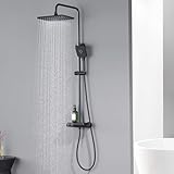 Auralum Grifo Ducha Termostatico, Columna Ducha Negra con Estante, Alcachofa de Ducha Lluvia 30x19cm, Cabezal Ducha de Mano con 3 Modos, Duchas de Baño Columna Altura Regulable 88-124cm