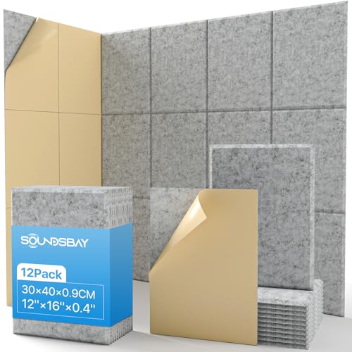 Soundsbay Pannelli acustici autoadesivi 12 pezzi, fonoassorbenti, pannelli per isolamento acustico ad alta densità per trattamento acustico e decorazione murale 30x40x0,9cm (Grigio argento)