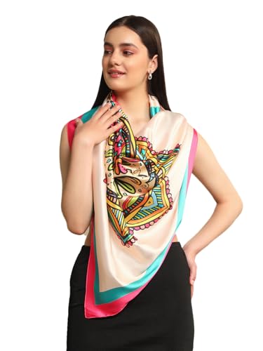 Image of Ravaiyaa - Attitude is everything Women Silk Digital Print Large Square Scarf Breathable Lightweight Neckerchief Printed Headscarf 40 inch x 40 inch Inch