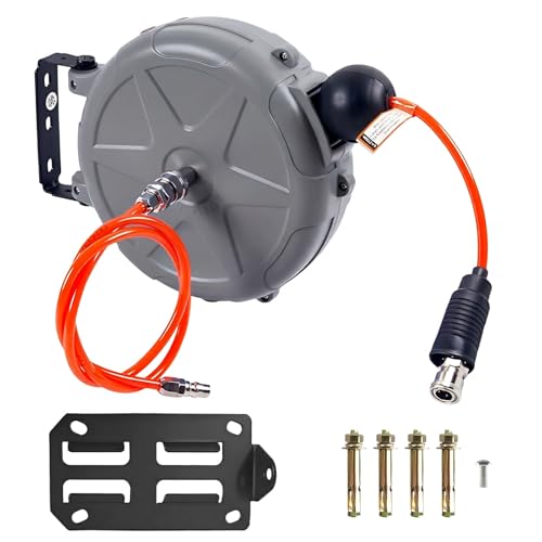 エアーホースリール 10m ホースリール 自動巻き取り 天吊可能 180°回転 伸縮式スプリング エアホース 外径φ8mm 内径5mm ブラケット付 エアーダスター ネイルガン エアードリル 空気圧工具 工場 洗車場 家庭菜園 自動車修理工場