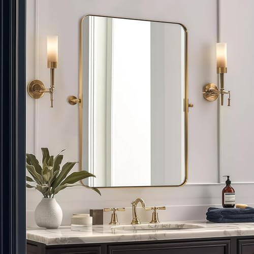 ANDY STAR 22x34 Brushed Gold Pivot Mirror for Bathroom Brass Metal Frame Bathroom Mirrors for WallRectangle Titling Vanity Wall Mirror with Rounded Corner Design Hangs Vertically Only