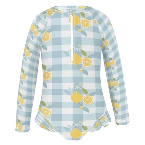 White Plaid Lemon Girls Long Sleeve Swimsuits One Piece Zipper Bathing Suit UPF 50+ Rashguard Swimwear2
