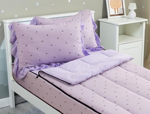 Meeting Story 3pcs Kids Comforter Set Zip up Bedding Set for Girls,Twin Kid Bedding Set Bow Comforter Set for Kid,All in one Zipper Bedding(Lightpurple,Twin)