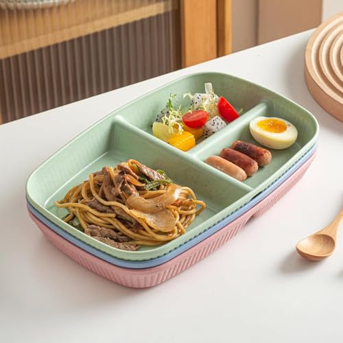 Image of Unbreakable Wheat Straw Plates with 3 Compartments for Kids, Toddlers, Meat & Appetizers, Snacks, Cake, Side Dishes, Pasta, Noodles Dishwasher & Microwave Safe Tray (Pink, Pack of 2)