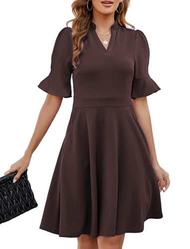 Image of Mokayee Womens Summer V Neck Ruffle Short Sleeve Fit and Flare Knee Length Church Wedding Guest Dresses with Pockets