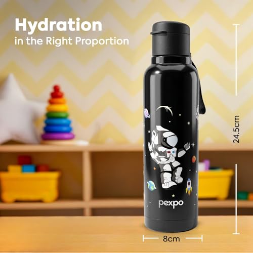 Image of Go24 pexpo Sonnet 900 PU Insulated Stainless Steel Water Bottle for Kids - 680ml | Flip-Top Cap | Leakproof & BPA Free| Carry Strap | for School, Sports, Travel, Picnic, Outdoor - Black Astronaut
