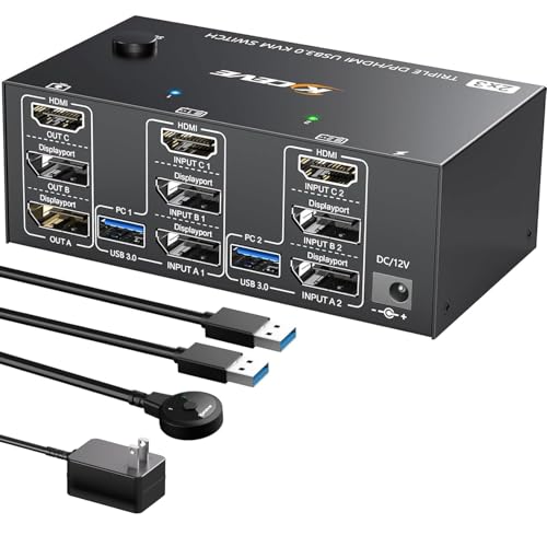 Image of KVM Switch 3 Monitors 2 Computers 8K@60Hz 4K@144Hz,MLEEDA 3 Monitor KVM Switch for 2 Computers Share 3 Monitors and 4 USB 3.0 Device,with Wired Remote,USB Cable and 12V Power Adapter