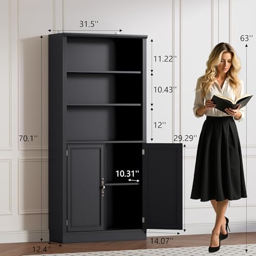 Image of BORNOON 70.1 inch Tall Bookshelf with Cabinet, 5-Tier Floor Standing Bookcase with Doors & Adjustable Shelves, 31.5 inch Wide Storage Shelf, Metal Handles, Modern Organizer for Home Office, Living Room