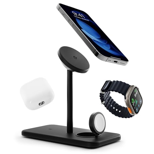 Image of Twelve South HiRise 3 Deluxe Twelve South 3-in-1 MagSafe + Qi2 Charging Stand for iPhone, Watch, and AirPods, Black