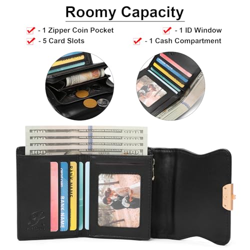 Cute Genuine Leather Wallet for Women RFID Blocking Bifold with Zipper Coin Pocket (Black)3