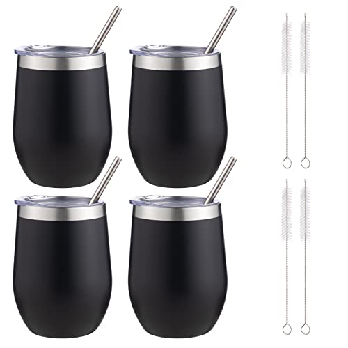 Image of 12 oz Insulated Wine Tumbler with Lid and Straw,Stainless Steel Stemless Wine Tumbler Glasses Double Wall Vacuum Wine Cups Tumbler Bulk for Coffee,Champaign,Cocktail,Office (Black,4)
