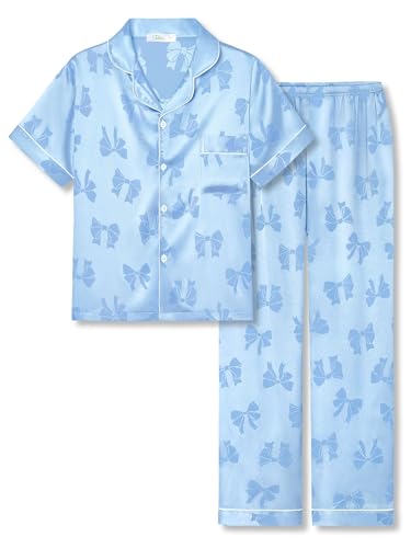 Tebbis Satin Pajamas for Girls-Cute Pink Silky Short-Sleeved Pants Set with Adorable Puppy Prints Size 6/7-16