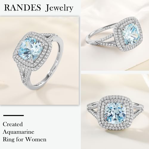 925 Sterling Silver Aquamarine Ring for Women March Birthtone Ring 3 Carat Blue Stone Cushion Cut Engagement Ring Size 10.54