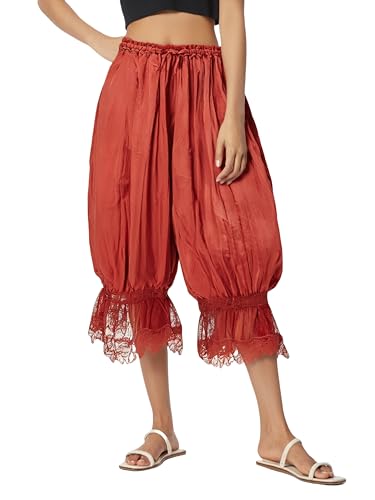 Image of Women Lace Trim Long Bloomer Pants Ruffle Pantaloons | Lace Hem Pettipants Pantaloons, Elastic Waist Flared Cropped Slips Pants, Vintage Cropped Pajama Bottoms, Victorian
