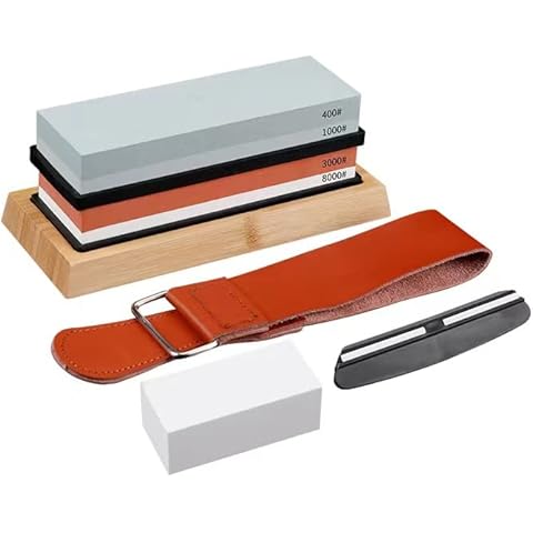 Knife Sharpening Stone Set Dual Grit Whetstone 400/1000 3000/8000 with NonSlip Bamboo Base, Angle Guide, Leather Strop, and Flattening Stone. Cover