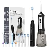 H2ofloss Sonic Electric Toothbrush and Water Flosser Combo, Rechargeable 2000mAh Toothbrush and 2500mAh Oral Irrigator with 300ml Tank, 4 Brush Heads, 5 Nozzles, 2 in 1 for Home and Travel (Black)