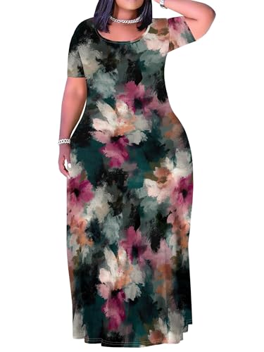 Image of PinkPatty Women's Plus Size Maxi Dresses Short Sleeve Sundress Summer T-Shirt Beach Long Dress with Pockets