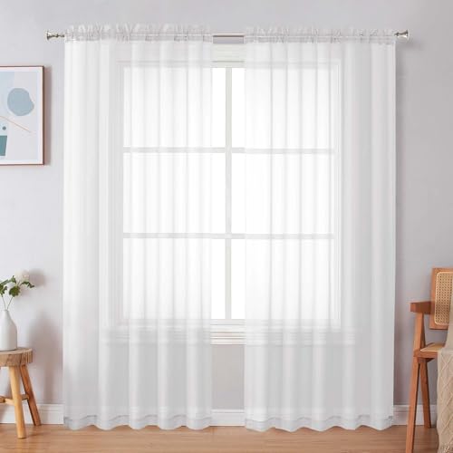 Image of Simplebrand White Sheer Curtains, 72 inch Length, 2 Panels Set - Light Filtering, Rod Pocket Window Curtains for Bedroom (White, 59 inch W x 72 inch L)