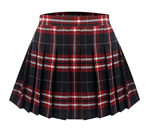 Girls A Line School Skirt High Waisted Performance Pleated Skirt Uniform Elastic Waist Skort Plaid Casual Scooter Skirt Red Plaid L
