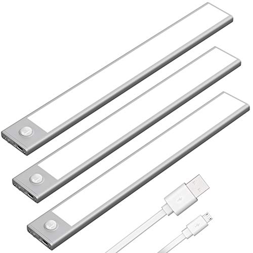 Klighten 2 Stück 30cm Unterbauleuchte Küche LED Schrankbeleuchtung mit Bewegungsmelder, 3000K/4500K/6000K, Helligkeit Einstellbar, 3 Modi, Aufladbar 1800mAh Akku, Magnet Schranklicht, Silber