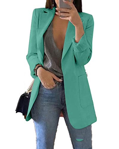 JIER Damen Elegant Langarm Blazer Sakko Einfarbig Business Slim Fit Revers Geschäft Büro Jacke Cardigan Kurz Mantel Anzüge Bolero mit Tasche (Grün,Medium)