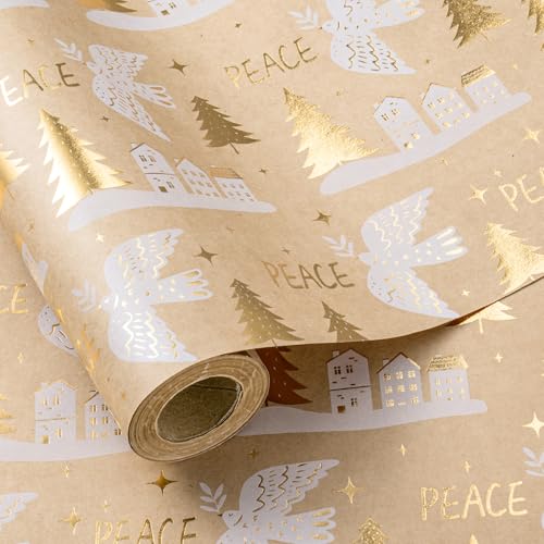 LeZakaa Christmas Kraft Wrapping Paper, Gold Foil Peace Dove and Christmas Tree, for Winter Holiday, Family, Friends, Rustic Religious Celebration Gifts, Mini Roll 17 in x 16.4 Ft