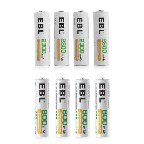 Image of EBL Rechargeable Battery Combo - 4 AA (2300mAh) + 4 AAA (800mAh) Ni-MH Batteries | High Capacity, Long-Lasting Power for Everyday Devices