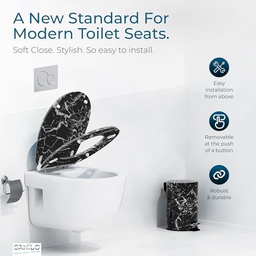 Image of Sanilo Wooden Toilet Seat with Quick Release & Soft Close [ROUND] - Decorative & Slow Close Molded Wood Seat - With One Click for Easy Installation & Cleaning - With Adjustable Fit (Marble Black)