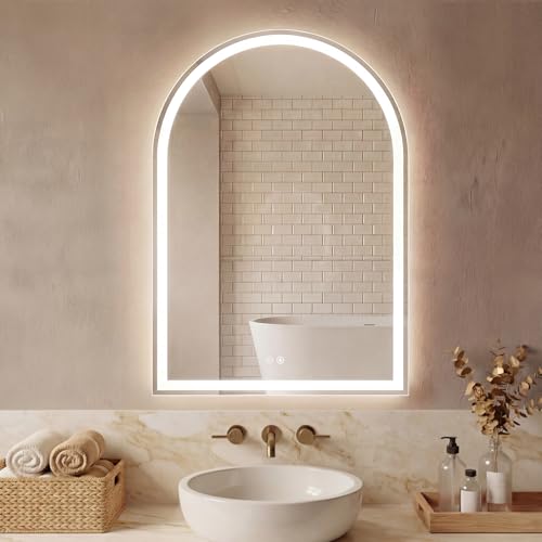 Image of Sweetcrispy 28 inchx36 inch LED Bathroom Backlit Mirror with Lights, Arched Vanity Mirror with Anti-Fog, Dimmable, 3-Color Light, Memory Function, Tempered Glass