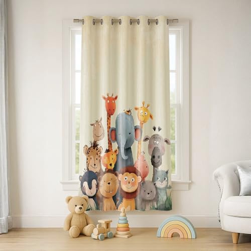 Image of STITCHNEST Velvet Kids Curtains Pack of 2 | Jungle Safari Animal Friends Print | Semi Blackout Curtains for Nursery, Baby & Toddler Room | 7 Feet