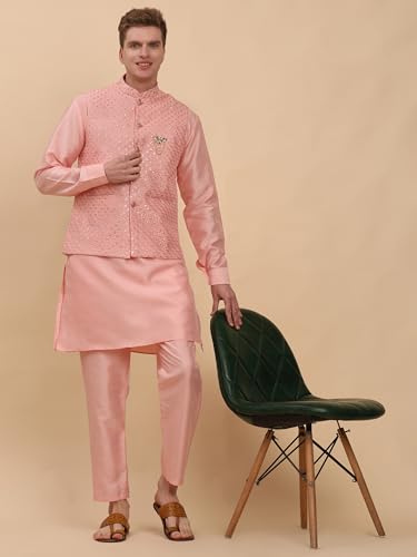 Mens Indian Traditional Silk Kurta Set With Jacket For Men Floral Design (C-111)3