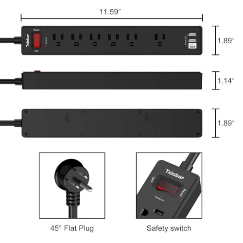 Image of 10Ft Extension Cord Power Strip Surge Protector - Teiobar 6 AC Outlets and 3 USB Ports for Home, Office, Dorm Essentials, 1680 Joules, ETL Listed, Black