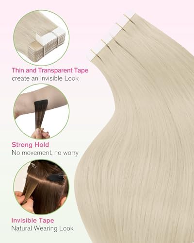 YoungSee 24 Inch Platinum Blonde Tape in Extensions Human Hair Invisible Tape in Hair Extensions Human Hair Platinum Blonde Tapes on Hair Extension Remy Hair for Long Hair 20pcs 50g — view 4