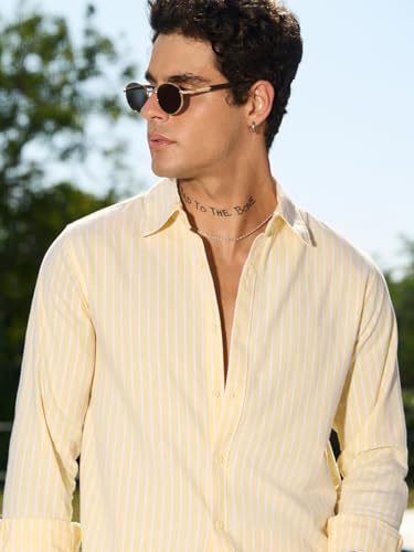 Image of The Souled Store: Amber Men and Boys Long Sleeve Spread Collar Light Yellow Striped Lightweight Easy to Style Everyday Office Wear Cotton Regular Casual Cotton Shirt