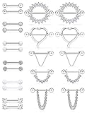 SCERRING 14G Nipple Rings Stainless Steel Nipplerings CZ Heart Tongue Shield Barbell Rings Retainer Body Piercing Jewelry for Women 9/16Inch 11 Pairs Silver