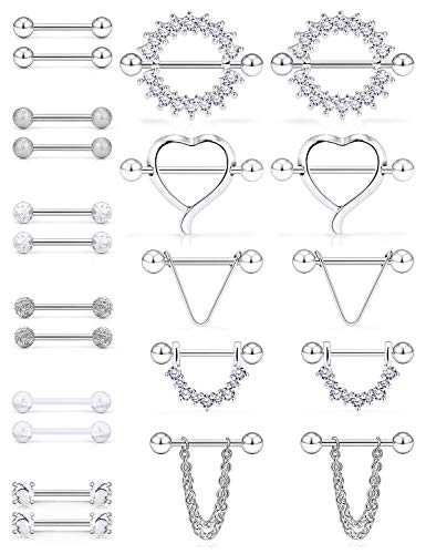 Scerring 14G Nipple Rings Stainless Steel Nipplerings Cz Heart Tongue Shield Barbell Rings Retainer Body Piercing Jewelry For Women 9/16Inch 11 Pairs Silver #TOP8