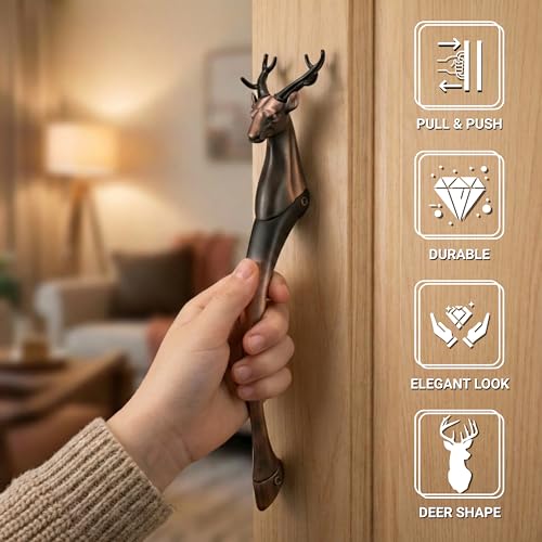 Image of GLOXY Premium Copper Black 21 inch Deer Shaped Main Door Handle with 12.5 inch Hole-to-Hole Spacing - Decorative Push & Pull Aluminium Wooden & Glass Door Handle for Home, Office & Banquet Hall - Pack of 1