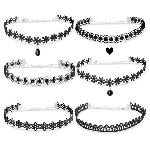 VelvetGlow 6pcs Choker Halskette FüR Frauen, Schwarze Spitze Goth Accessoires FüR Gothic Kleidung, Frau Emo Merch 80er 90er Jahre Outfits FüR Frauen Geburtstagsgeschenke