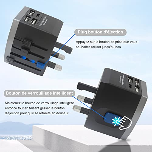adaptateur de voyage, adaptateur prise universel 1300w avec 1 type c et 3 usb 2.4a, adaptateur universel de voyage france vers usa chine japon uk, chargeur de voyage vers france