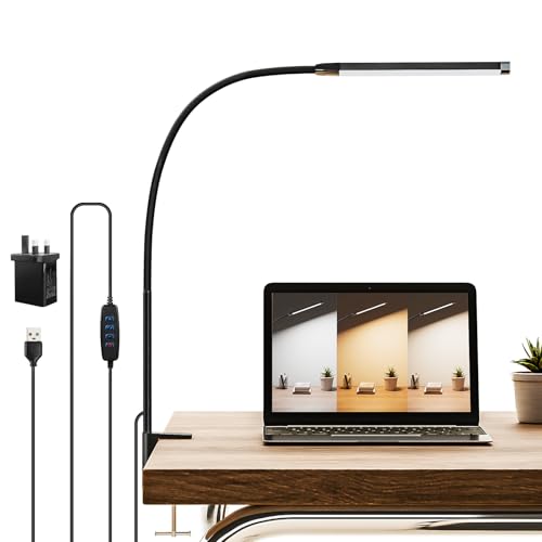 CUHIOY Desk Lamp with Clamp, Eye-Caring LED Desk Lights, 3 Colors 10 Brightness, Flexible Gooseneck Clip on Table Lamp for Homeoffice, Reading, Nail, Craft, Architect, Extra Long USB Cable & 1 Adapter