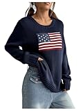 SweatyRocks Women's Flag Pattern Long Sleeve Round Neck Sweater Casual Loose Pullover Sweater Dark Blue Medium