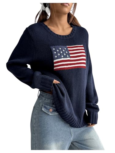 Image of SweatyRocks Women's Flag Pattern Long Sleeve Round Neck Sweater Casual Loose Pullover Sweater