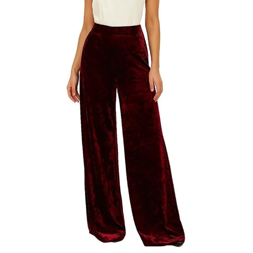 Image of Women’s Luxurious Velvet Palazzo Pants, Soft Stretch Velour Pull-On Trousers with Pockets, Ideal for Office, Evening or Casual Wear with a Sophisticated Look Wine