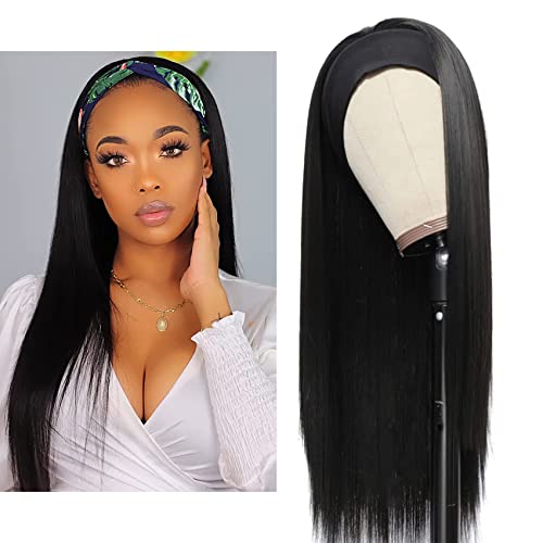 YIJUNDEMA Black Wig Long Straight Headband Wig Heat Resistant Sythetic Hair Wigs Fascinating Women Wig with Free Wig Cap